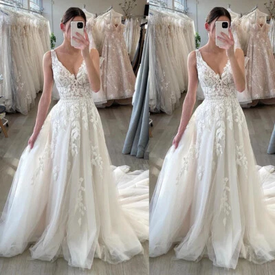 Beach Boho  Wedding Dresses V Neck Corset Sweep Train Lace Applique Bridal Gown - Image 1 of 4