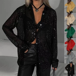 Womens Solid Sequin Turn Down Collar Shirts Tops Party Ladies Long Sleeve Blouse - Picture 1 of 28