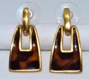 VINTAGE ANNE KLEIN GOLD TONE/FAUX TORTOISE SHELL DOOR KNOCKER PIERCED EARRINGS - Picture 1 of 6