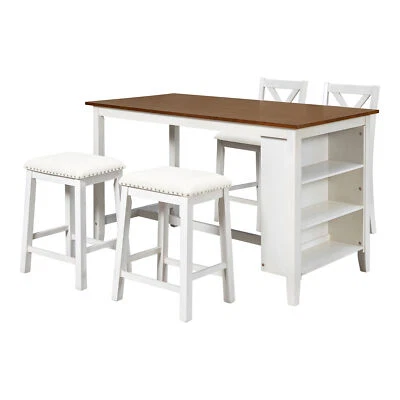 5 Pieces Counter Height Dining Set Storage Shelves Table 2 Chairs 2 Stools White - Image 1 of 4