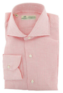 $450 Luigi Borrelli Pink Micro-Check Linen Dress Shirt - X Slim - (109)