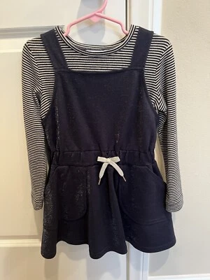 Mayoral Girls Long Sleeves Stripe Top With Dress Size 4 - Navy/Dark Blue, White - Image 1 of 4