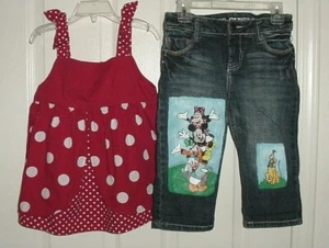 CUSTOM Hand Painted Disney MICKEY & MINNIE MOUSE Denim Bermuda Shorts Set Sz 7/8 - Picture 1 of 10