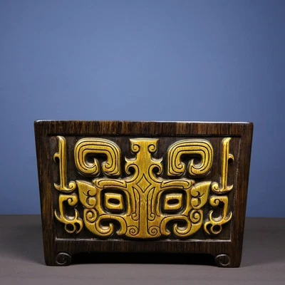 Queimador de incenso esculpido amarelo bambu antigo de sândalo embutido porcelana 7,1" - Imagem 1 de 4