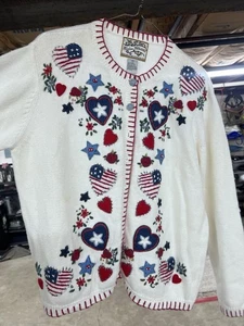 Vintage Tacky Patriotic Cardigan - Heirloom Collectibles - Medium M - White - Picture 1 of 13