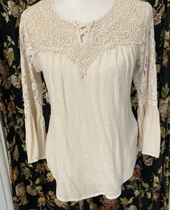 Women’s Gauze Lace Crochet Blouse Top Beige Sz S Boho Peasant Flair Sleeves - Picture 1 of 18