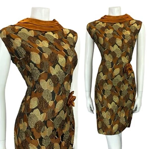 VTG 60S COPPER GOLD BLACK SATIN LEAF BROCADE PLUNGING BACK PARTY DRESS 12 14 M - Picture 1 of 10