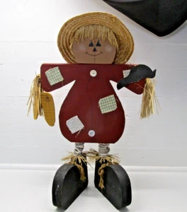 Scarecrow Solid Wood Halloween Thanksgiving 24" Tall With Straw Hat Crow Corn💙 - Picture 1 of 4
