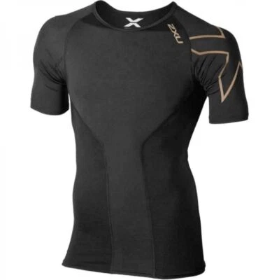 GENUINE | 2XU Mens Elite Compression Short Sleeve Top – Black/Gold - Image 1 of 2