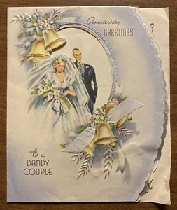 Tarjeta de felicitación vintage de feliz aniversario de los años 40 boda y campanas troqueladas P5c - Imagen 1 de 22