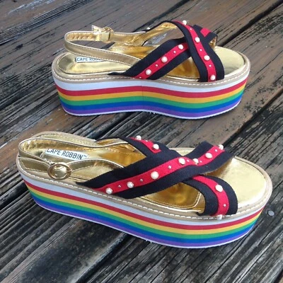 Sandalias de plataforma Cape Robbin arco iris 10 tiras a rayas tacones de cuña zapatos para mujer Foto 1 de 4