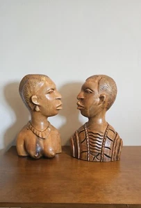 Vintage African Hand Carved Wooden Female & Male Head Statue Bust Set - Picture 1 of 14