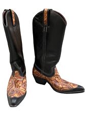 Sancho Black Leather Western Ladies Boots Tooled Brown Floral Spain Size 9