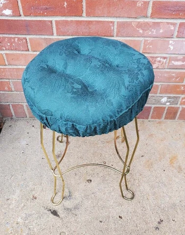 Vintage Vanity Bench Stool Green Padded Upholstery Seat Gold Steel Base Cover