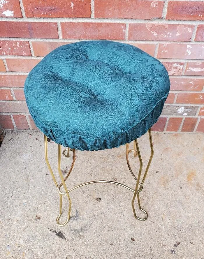 Vintage Vanity Bench Stool Green Padded Upholstery Seat Gold Steel Base - Image 1 of 4