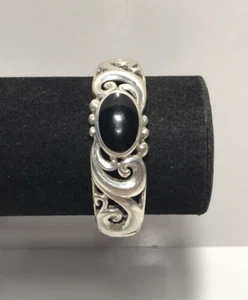 925 Sterling Silver Onyx Gemstone Carved Out Cuff Bracelet - Picture 1 of 12