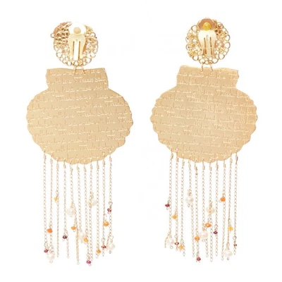 MERCEDES SALAZAR gold metal shell crystal faux pearl tassel clip earrings Pair - Image 1 of 4