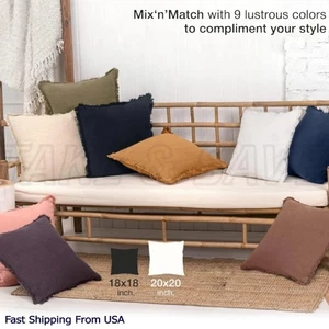 Throw Pillow Cover with Tassel Trim Natural Linen Farmhouse Decorative - 2 Sizes - Picture 1 of 17