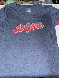 Cleveland Indians Womens Top Large Blue Spellout Short Sleeve V Neck Shirt - Picture 1 of 5