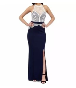 Navy Cream Lace Maxi Dress 16 Side Slit Party Evening Wedding Occasion Prom - Picture 1 of 17