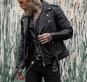 Herren Slim Fit Lederjacke Biker Style Echt Lammleder Stepp Lederjacke - Bild 1 von 11