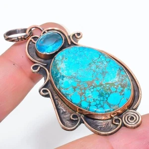 Tibetan Turquoise Blue Topaz Gemstone Handmade Copper Jewelry Pendant 2.64"SS608 - Picture 1 of 1