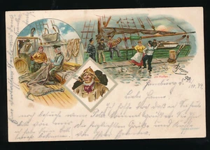 Litho-Karte aus Hamburg am Schiffsdeck im Hafen Deutschland (537) - Imagen 1 de 2