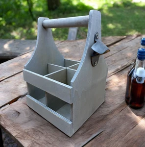 Carrito de 4 botellas de cerveza con abridor de botellas soporte de madera de pino - Caja de cerveza - Gris - Imagen 1 de 9