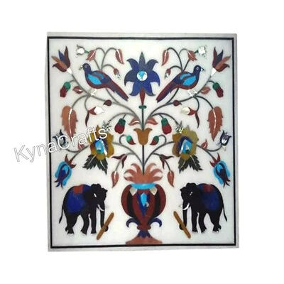 Wall Decor Inlaid with Semi Precious Gemstone White Marble Center Table for Home - Image 1 of 4