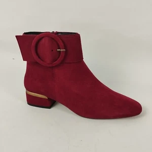John Lewis Boots Womens 4 Red Suede Leather Ankle Zip Heeled Bootie Smart Buckle - Picture 1 of 16