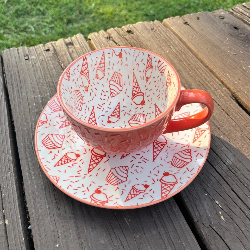 Pfaltzgraff Ice Cream "Sprinkles" Cup & Saucer Set, Orange/White, 2-Pc - Image 1 of 4