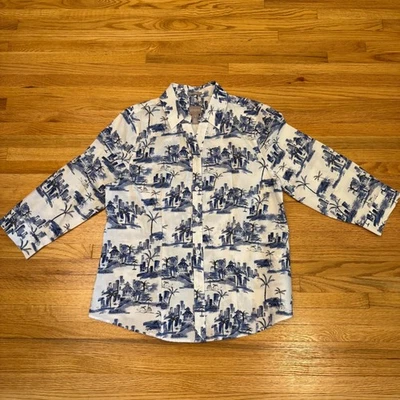 Chico's (M 8–10) Wrinkle Resistant Shirt Blue White Cityscape Cotton Travel - Image 1 of 4