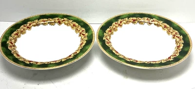 Lot of 2 Christmas American Atelier Noel Rimmed Soup Bowls Green Gold Braid Rim - Image 1 of 4