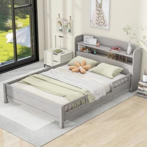 Wooden full-size platform bed with built-in LED light storage headboard and - Picture 1 of 72