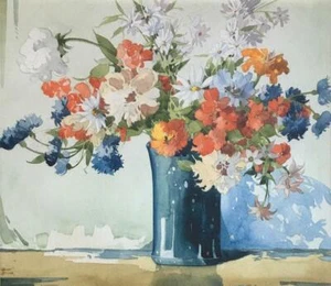 Granato pericolo - Ontario, Canada - fiori in vaso blu - grande acquerello incorniciato - Foto 1 di 4