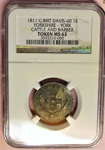 1811 NGC MS 62 GREAT BRITAIN ONE SHILLING SILVER TOKEN! YORK CATTLE AND BARBER - Picture 1 of 6