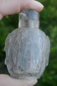 Antique Hand Carved Tourmalated Quartz snuff Bottle  - Picture 1 of 12