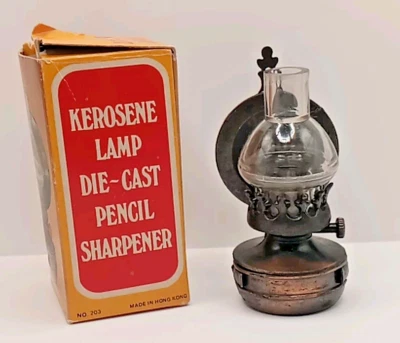 Miniature Pencil Sharpener OIL LAMP Bronze Die Cast Metal with Original Box Vtg. - Image 1 of 4