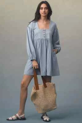NWT Anthropologie Long-Sleeve Square-Neck Denim Babydoll Mini Dress XS Oversized - Image 1 of 4