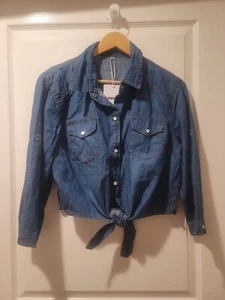 NEW Omoone 3/4 Sleeve Denim Pearl Snap Button Crop Tie Front Top Womens M - Picture 1 of 5