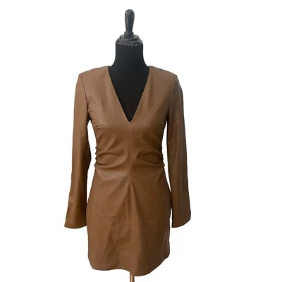 Zara Womens Brown Faux Leather Ruched Mini Dress Size Medium Long Sleeves NEW - Image 1 of 4