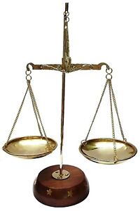 Antique Reproduction Brass Polished Balance Apothecary Scales Solid Wood Base 
