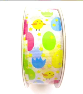 Easter Stars & Chicks Ribbon,White,Yellow Chicks,Colored Eggs,Stars,7/8"x9ft. - Picture 1 of 2