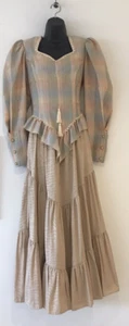 Vtg Prairie Edwardian Prom Dress Western Peplum L/S Midi V Waist Tassel 12 - Picture 1 of 21
