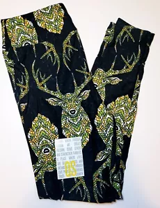 LuLaRoe OS Leggings Mosaic Deer Stag Green Yellow One Size (Size 2-10) NWT - Picture 1 of 8