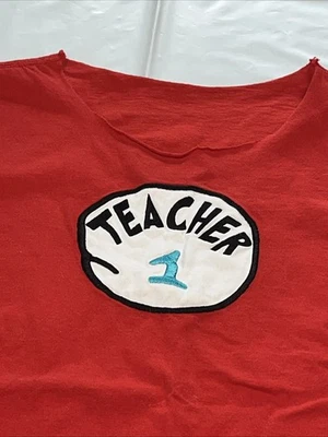 Dr. Seuss Red "Teacher 1" T-Shirt Cat In The Hat Halloween Funny Top bow Sleeves - Image 1 of 4