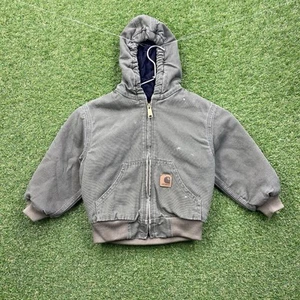 Carhartt Jacket Boys 4T Green YTj130 LOV Canvas Full Zip Hooded Coat Faded Kids - Picture 1 of 9