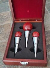 3 Rosewood Wood Chrome Wine Bottle Stoppers Boxed Contemporary Modern Orbs
