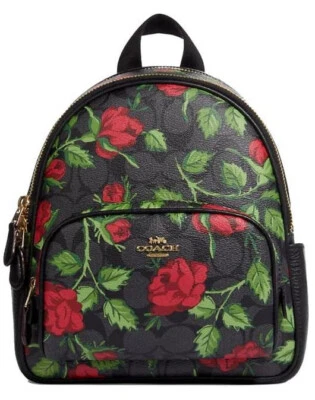 NUEVO CON ETIQUETAS COACH Mini Mochila Lona Recubierta Cuero Estampado Rosa Multi Rojo Negro CC331 Foto 1 de 4