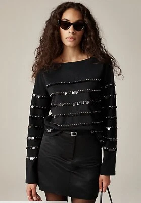 J. Camiseta Crew Heavy Jersey Manga Larga Adorno Lentejuelas Negra XS NUEVA CON ETIQUETAS Foto 1 de 4